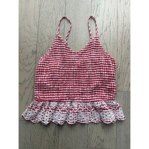 Sim & Sam Red Gingham Smocked Crop Top with White Eyelet Lace Hem - Size L